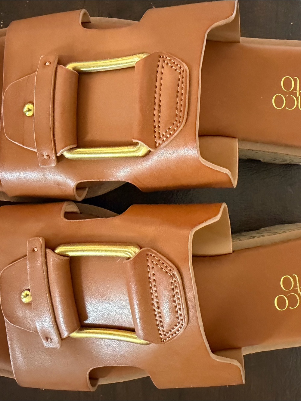 Franco Sarto Tan Slide Sandals with Gold Buckle